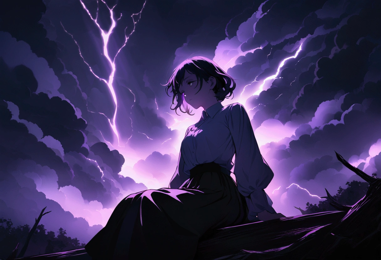 (Highly detailed CG Unity 8k wallpaper), Outdoor,Beautiful young woman in a storm, skirt, sit, full_body, dramatic, バックLight, Light, Volumetric Lighting, Delicate face, Simple Background