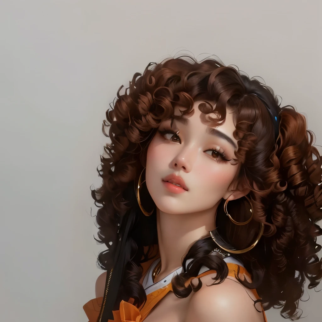 There is a woman with very large hoop earrings on her head., korean idol woman portrait, Kpop idol portrait, Beautiful young Korean woman, curly bangs, Beautiful young Korean woman, Korean artist, beautiful south korean woman, in the Art Style of bowater, photorealistic!!!!!!! Art Style, curly brown hair, curly orange hair, realistic studio portrait, korean girl 