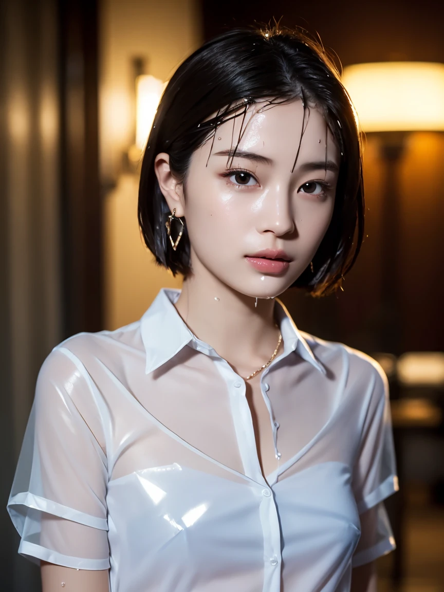 masterpiece:1.2, Very detailed, Ultra-high resolution, Realistic, photo Realistic:1.6, High-resolution RAW color photos, Professional photos, Sharp focus:1.2, Very detailed顔と肌の質感, Very beautiful eyes, Glossのある肌, Glowing Skin, Glowing Skin, Shining Face, Gloss, Oily skin, greasy face, Oily skin, greasy face,, real Glossのある肌 texture, Perfect Anatomy, Very detailed背景,(Luxury resort room at night)),1 female,2 woman, Japanese women,height: 168cm,short hair, Straight hair, bangs, Brown Hair,((Flat Chest:1.6)), (See-through white short-sleeved collared shirt),(A wet and very transparent shirt:1.6),(Open shirt:1.3),Luxury earrings、Luxury Necklace、A wet and very transparent shirt、A wet and very transparent shirt、Invite to sex