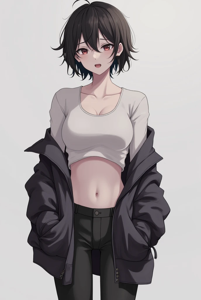 1 girl, solo, a high resolution, Breasts, short hair, Breasts, language, open mouth, oversized sweater, baggy pants, open chest, Unbuttoned jacket, Small T-shirt, tights