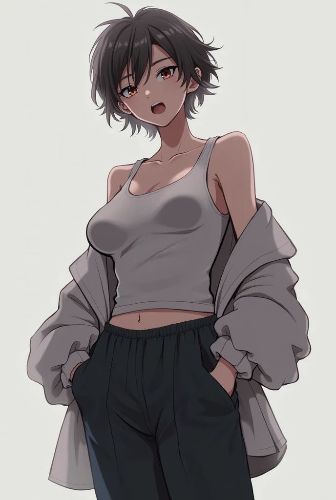 1 girl, solo, a high resolution, Breasts, short hair, Breasts, language, open mouth, oversized sweater, baggy pants, open chest, Unbuttoned jacket, Small T-shirt, tights