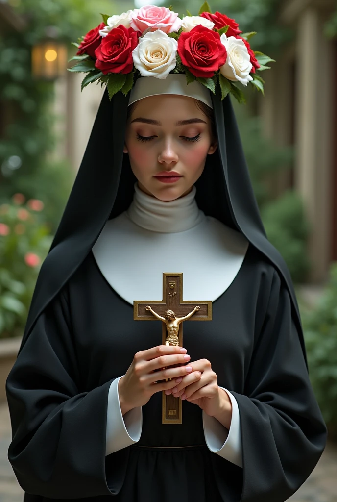 a woman dressed in nun's clothes, black and white outfit, on the head a crown of roses, holding a crucifix, serene and compassionate look, ultra realistic image, the color of roses are red white and pink, she is looking at the crucifix, ela está com um serene and compassionate look, walking on a stone floor, garden around you