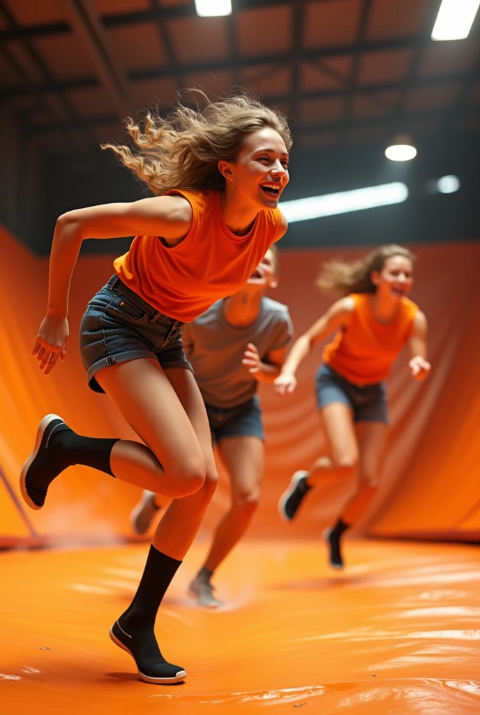 Des adolescents heureux dans un parc a trampolines orange avec des chaussettes noires 