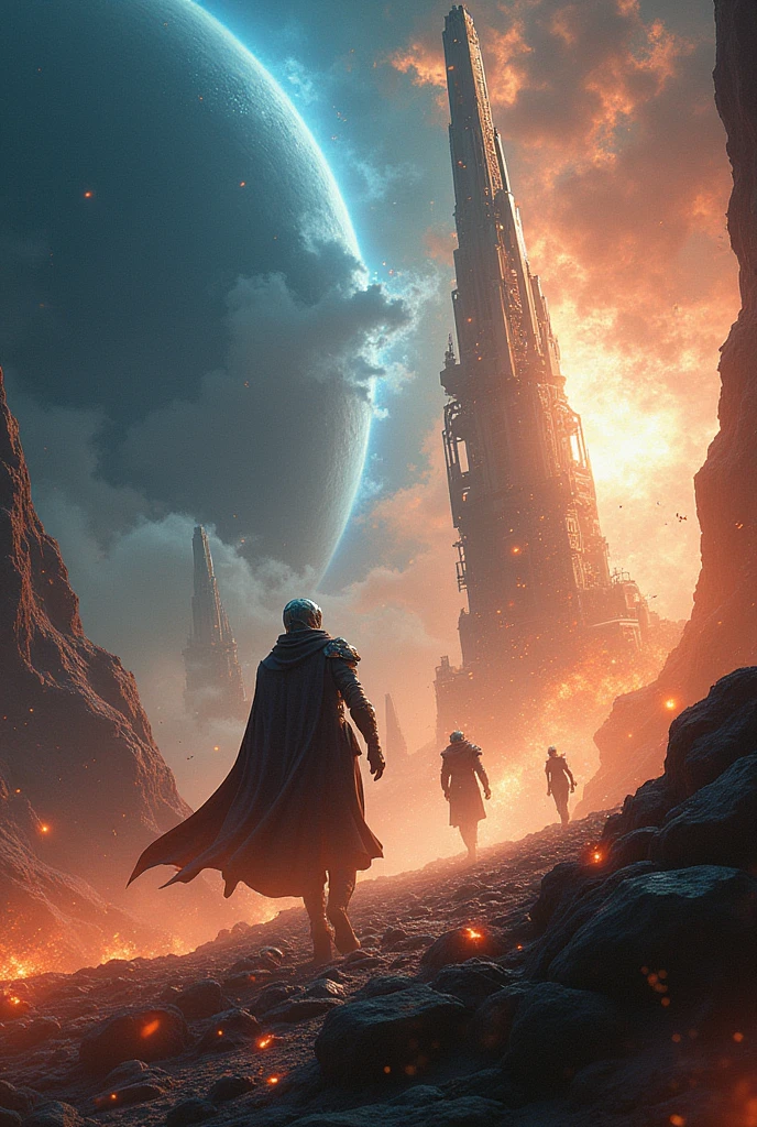 Realistic backdrop, navy blue orange, cyber adventure, vast space, interdimensional sky, technology land, space war.