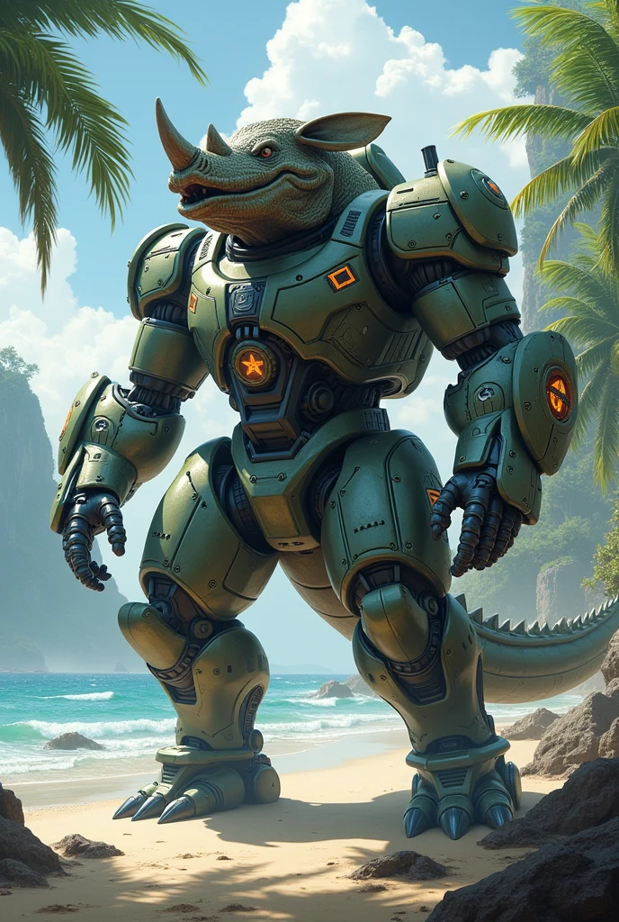 Rhinoceros crocodile hybrid in robotic suit stand in south seas kill giant monster 
