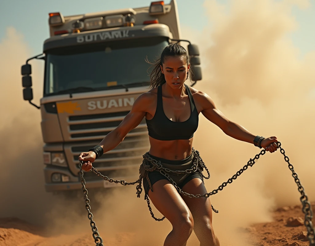 well-built woman, muscularity, pulling a large truck with chains wrapped around her body, pulling forcefully, soaring clouds of dust, dynamic composition, madeon,