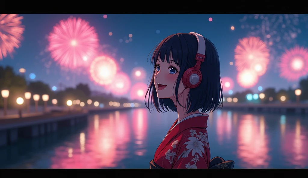 Perfect image, night、Calm atmosphere、Riverbank、Fireworks in the back、Female college student、yukata、Use headphones、excited、looks fun、smile、2D-style animation, Lo-Fi、Retro、Anime style illustrations、Line art with clear outlines