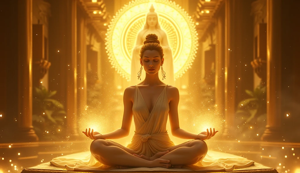 woman meditating in lotus position channeling golden light with her hands next to a statue of a golden goddess of abundance, golden background, light background, magical environment
