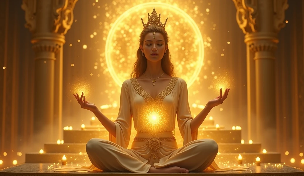 woman meditating in lotus position channeling golden light with her hands next to a statue of a golden goddess of abundance, golden background, light background, magical environment