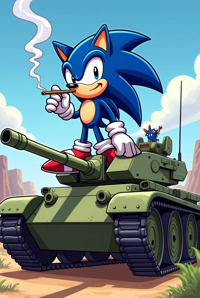 sonic entrain de fumer un joint sur un tank en cartoon