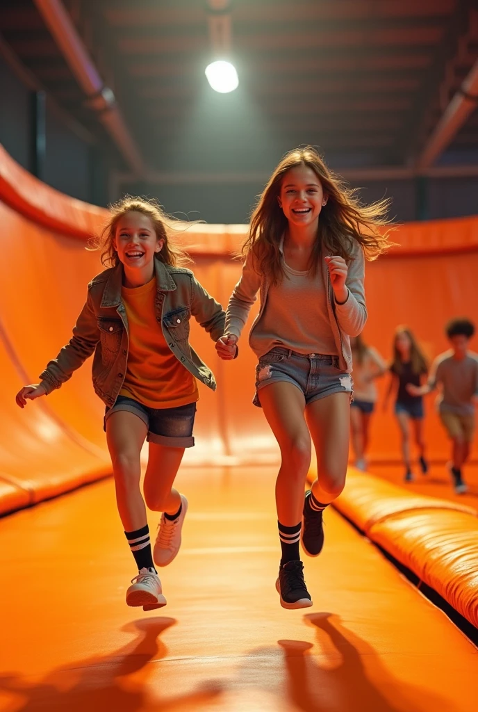 Des adolescents heureux dans un parc a trampolines orange avec des chaussettes noires 