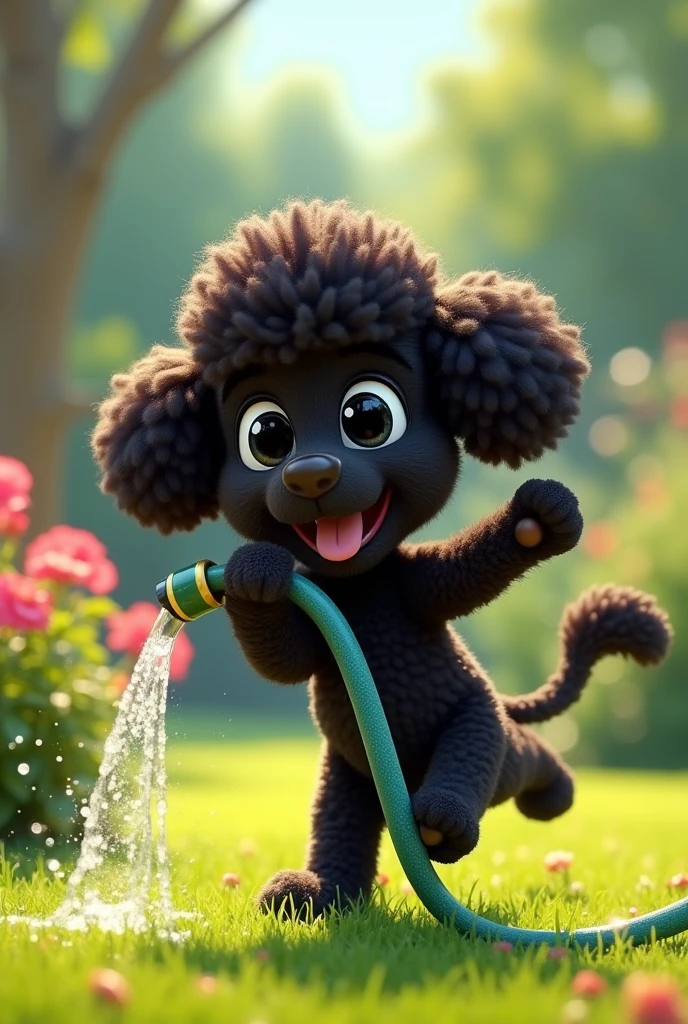Pixar Style: Female dog, black, Toy Poodle, Playing with a hose in my mouth, With a happy face. sunny day.
