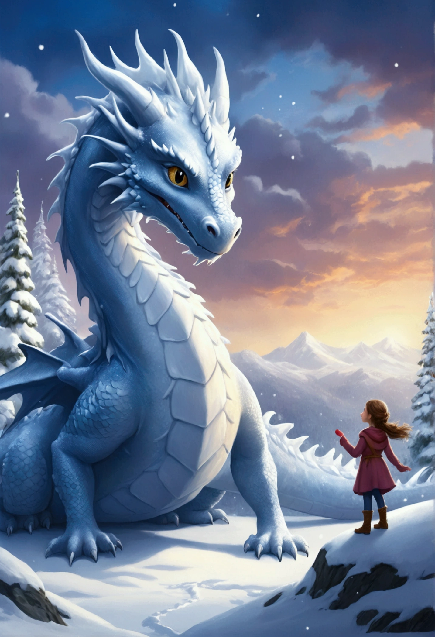 Draw a picture for the fairy tale about how a girl became friends with a snow dragon.