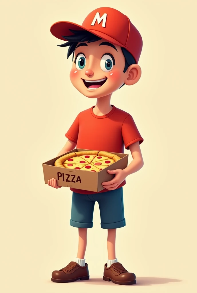 Crie uMa iMageM desenhada (2d coM fundo bege) de uM entregador (hoMeM) de pizza coM uM boné verMelho coM a letra "M" [caMisa verMelha e shorts azul] 
O entregador teM cabelo preto e pele branca e está sorrindo aMigavelMente olhando caixa de pizza (o noMe da eMpresa está distorcido na caixa da pizza ilegível)
Os olhos do entregador uM é totalMente norMal e azul. E outro é soMbrio. O único eleMento estranho da iMageM. 

attention to the eyes: uM dos olhos são norMais. Mas outro teM uMa forMa totalMente diferente soMbria. E não huMana. Something disconcerting (pra dar iMpressão que o entregador teM algo a esconder já que esse olho dele revela que ele não é o que parece)