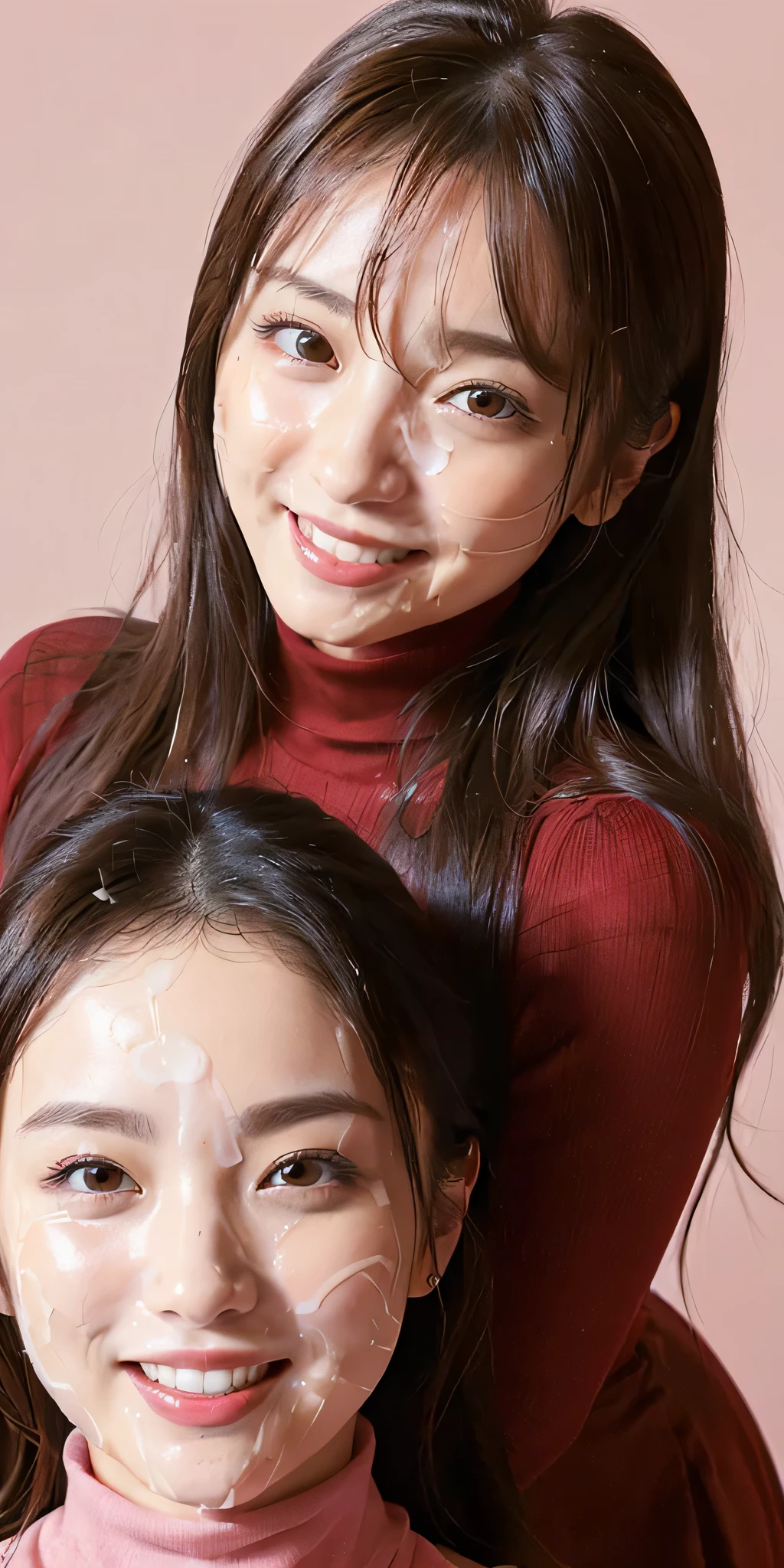 (Tabletop、Highest quality、8k、Award-winning works、Ultra-high resolution)、(Group photo of two women 1.4)、(The perfect red turtleneck:1.1)、(Semen-stained red turtleneck:1.1)、Big Breasts、Accentuate your body lines、very long wavy hair、Bright and shiny lipstick、(The biggest smile looks at me:1.1)、(Please smile widely and show your beautiful teeth.:1.1)、(Two women standing side by side:1.4)、Glowing Skin、(Face close-up:1.5)、(Light Pink Background:1.1)、Accurate anatomy、Ultra HD Hair、Ultra-high definition beauty face、Shining, Ultra-high resolution beautiful skin、Ultra-high resolutionの艶やかな唇、(Face covered in lots of:1.75)、(Two women facing the front:1.3)、(The body faces straight ahead:1.1)