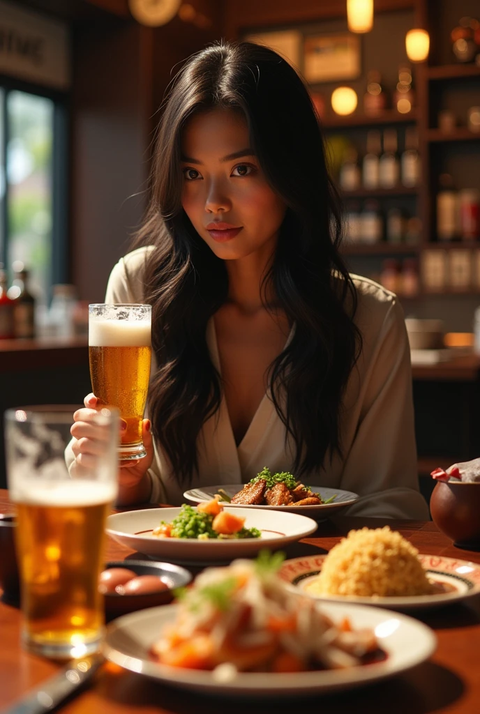 Stylish Japanese Izakaya。Stylish dishes and mugs of beer lined up in front of you。Half-drunk beer。In front of me is a dark-skinned young Japanese woman。