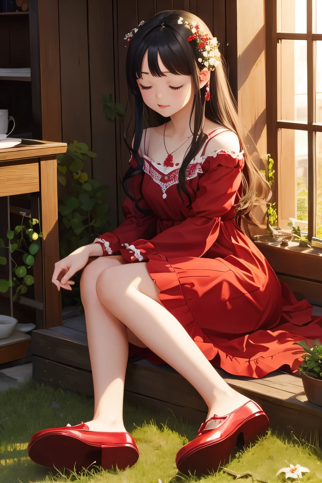 Photorealistic、（Red dress、sleepy、Mouth slightly open、hair ornaments、Sitting、Cute Shoes）、Lily of the valley hill、night