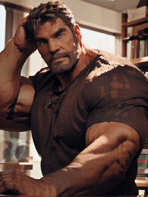 1man, handsome, middle-aged man, smirk, muscular, wearing black t-shirt paired in Brown sweater, redefined, aesthetic, Closer distance face, Closer distance head, his Closer distance pressing against me, hd, high quality, 8k Resolution