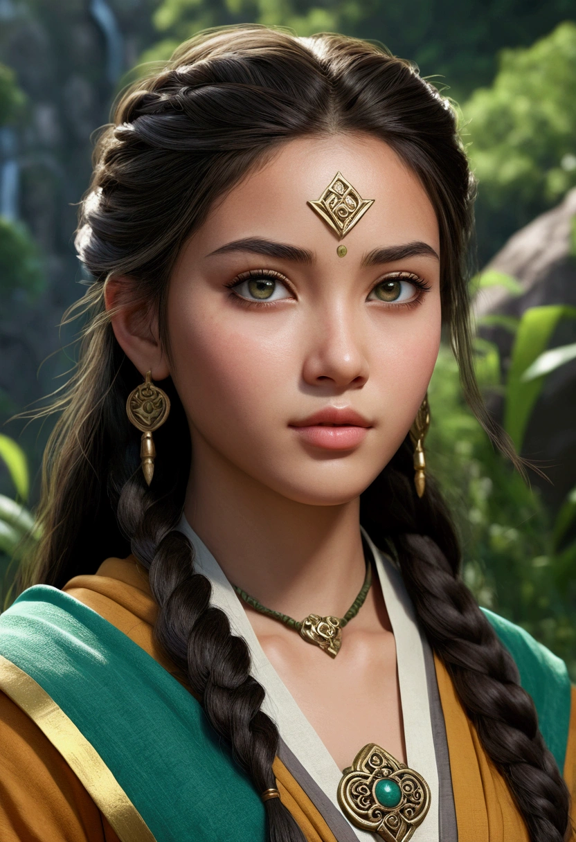A young female earthbender, beautiful detailed eyes, beautiful detailed lips, extremely detailed face and features, long eyelashes, long dark hair, wearing traditional earth kingdom attire, posing confidently, outdoor scene with lush greenery, rocky terrain, detailed background elements, (best quality, 4k, 8k, highres, masterpiece:1.2), ultra-detailed, (realistic, photorealistic, photo-realistic:1.37), intricate details, vibrant colors, cinematic lighting, fantasy, digital art