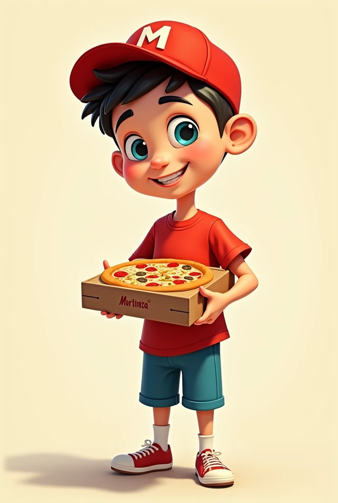 Crie uMa iMageM desenhada (2d coM fundo bege) de uM entregador (hoMeM) de pizza coM uM boné verMelho coM a letra "M" [caMisa verMelha e shorts azul] 
O entregador teM cabelo preto e pele branca e está sorrindo aMigavelMente olhando caixa de pizza (o noMe da eMpresa está distorcido na caixa da pizza ilegível)
Os olhos do entregador uM é totalMente norMal e azul. E outro é soMbrio. O único eleMento estranho da iMageM. 

attention to the eyes: uM dos olhos são norMais. Mas outro teM uMa forMa totalMente diferente soMbria. E não huMana. Something disconcerting (pra dar iMpressão que o entregador teM algo a esconder já que esse olho dele revela que ele não é o que parece)