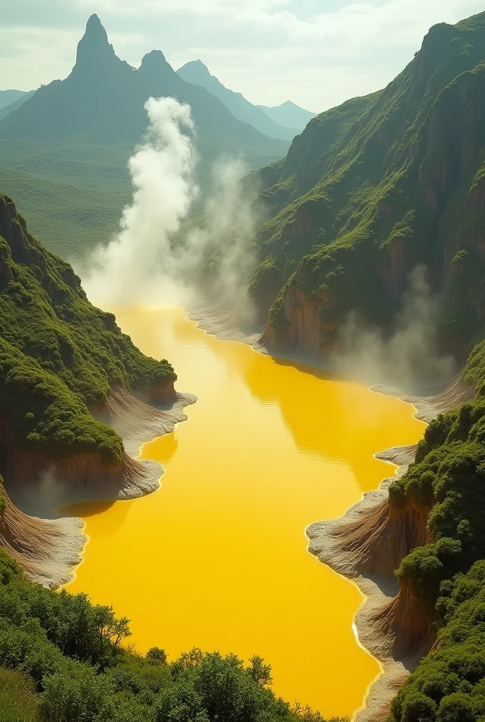 Alien landscape with yellow pool, Green, and orange, hot steam coming out of the ground, and volcanic activity in the distance.