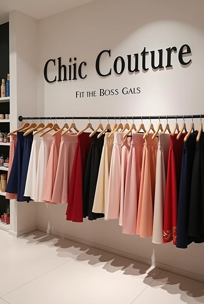 A skit and hair store
With the skirts on hangers let it fit well
And a brand name chic couture with the motto fi the boss gyals no pictures on the wall just the brand name and motto and hairs on the side