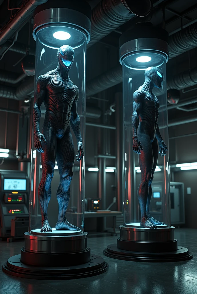 "Venom and Robocop are contained within a high-tech genetic research facility. The setting is dark and eerie, with dim lighting casting long shadows on the metallic surfaces. Venom, with his dark, muscular, and fluid-like form, is encased within a large glass cylinder on the left, tendrils of his symbiotic mass pressing against the transparent walls. On the right, Robocop, with his gleaming, silver metallic armor, stands motionless within a similar glass cylinder. Both cylinders are connected by complex wiring and machinery, with red and green lights blinking ominously. The background features advanced lab equipment, scientific monitors displaying data, and a faint mist that adds to the mysterious atmosphere."
