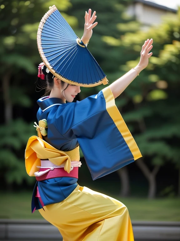 Photo-realistic quality、A woman in a blue and yellow kimono is dancing the Awa Odori dance, Traditional Japanese, Portrait Shot, TraditionalなJapanの着物, Wearing a hat, Traditional, Beautiful images, Japan, Traditional costume, Wear a kimono, Japanese woman, Japaneese style、