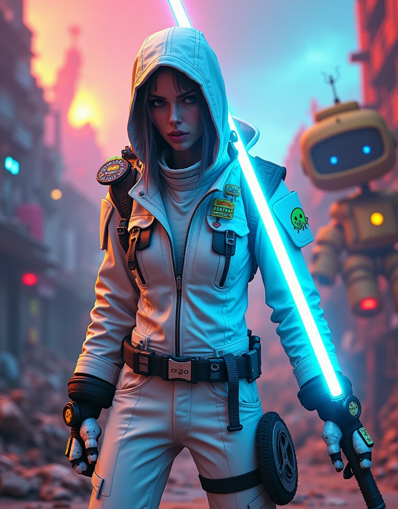 hyper-maximalism, raw, Post-Apocalyptic style of Borderlands. zer0, blue led sword, white outfit, expressive borderlands style background, colorful, grunge, white and blue, "lets go" stick, cute robot, cute emoji patches, vray