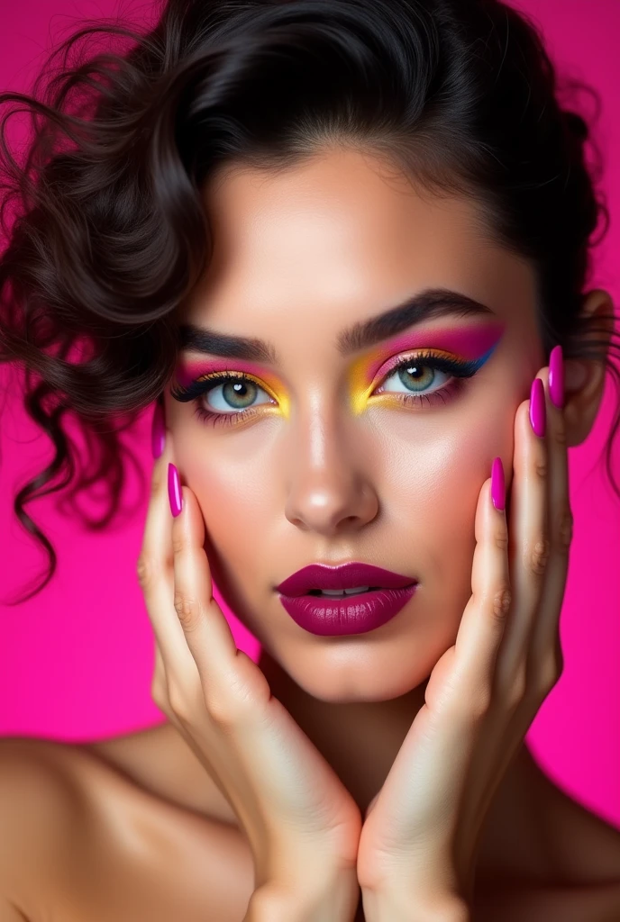 Woman's Face - The center of the image shows a beautiful woman's face.Colorful Makeup - The woman is wearing pink and yellow eye shadow makeup, which emphasizes her eyes.Dark Pink Lips - The woman's lips are painted a deep pink color, giving her a sexy look.Curly Hair Style - The woman's hair is curly and voluminous.Hand expression - The woman is posed with her hands on her face, adding depth to her expression.Pink Background - The background is a bright pink color, highlighting the woman's face.Overall Vibe - This image is a sophisticated and striking piece that could be used in the fashion and beauty field.