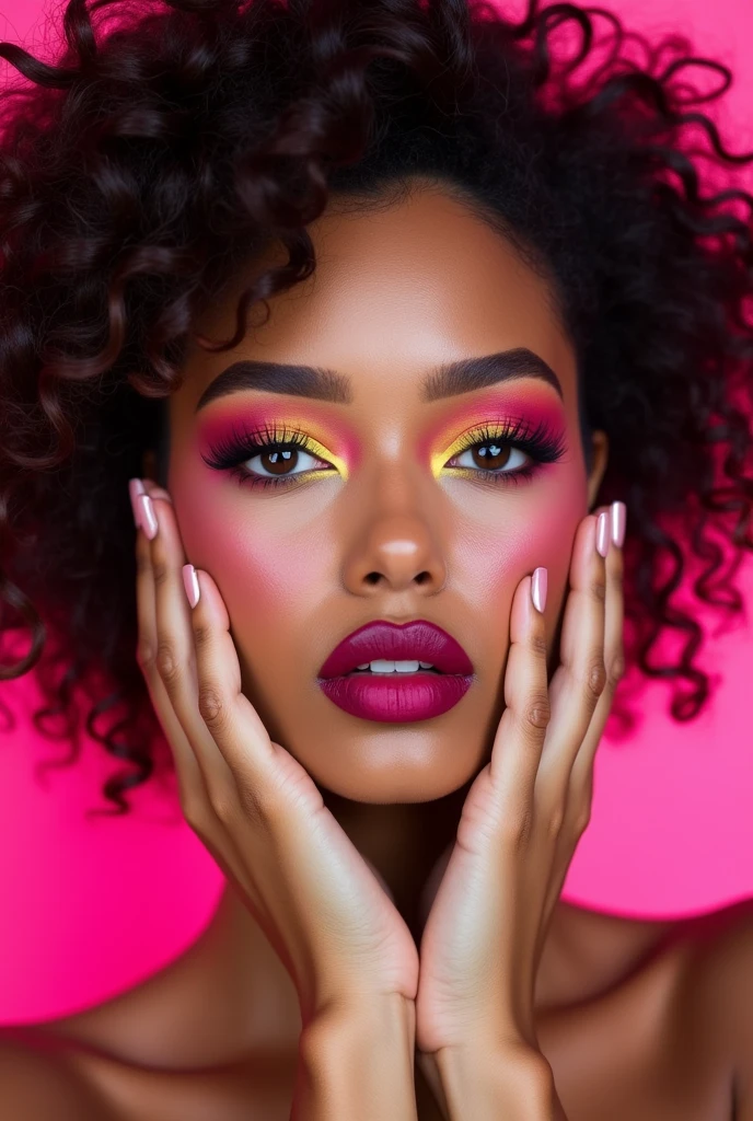 Woman's Face - The center of the image shows a beautiful woman's face.Colorful Makeup - The woman is wearing pink and yellow eye shadow makeup, which emphasizes her eyes.Dark Pink Lips - The woman's lips are painted a deep pink color, giving her a sexy look.Curly Hair Style - The woman's hair is curly and voluminous.Hand expression - The woman is posed with her hands on her face, adding depth to her expression.Pink Background - The background is a bright pink color, highlighting the woman's face.Overall Vibe - This image is a sophisticated and striking piece that could be used in the fashion and beauty field.