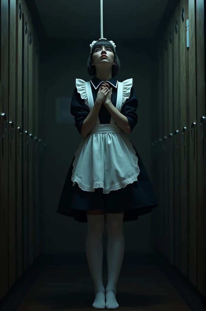 Maid in knee-high white stockings hanged to death
