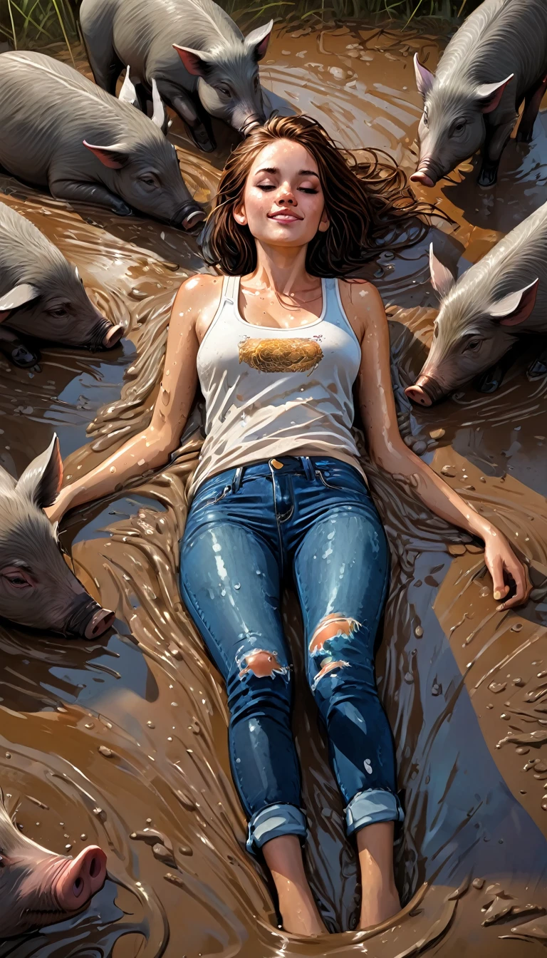 a woman with long straight brown hair, jeans and a tank top, rolls around happily lying in a mud puddle with several wild pigs, digital art inspired by Bill Sienkiewicz and Dave McKean, highly detailed, photorealistic, 8k, masterpiece, intricate, cinematic lighting, dramatic colors, chiaroscuro, wet mud, dirt, splashing, messy, playful, vibrant
