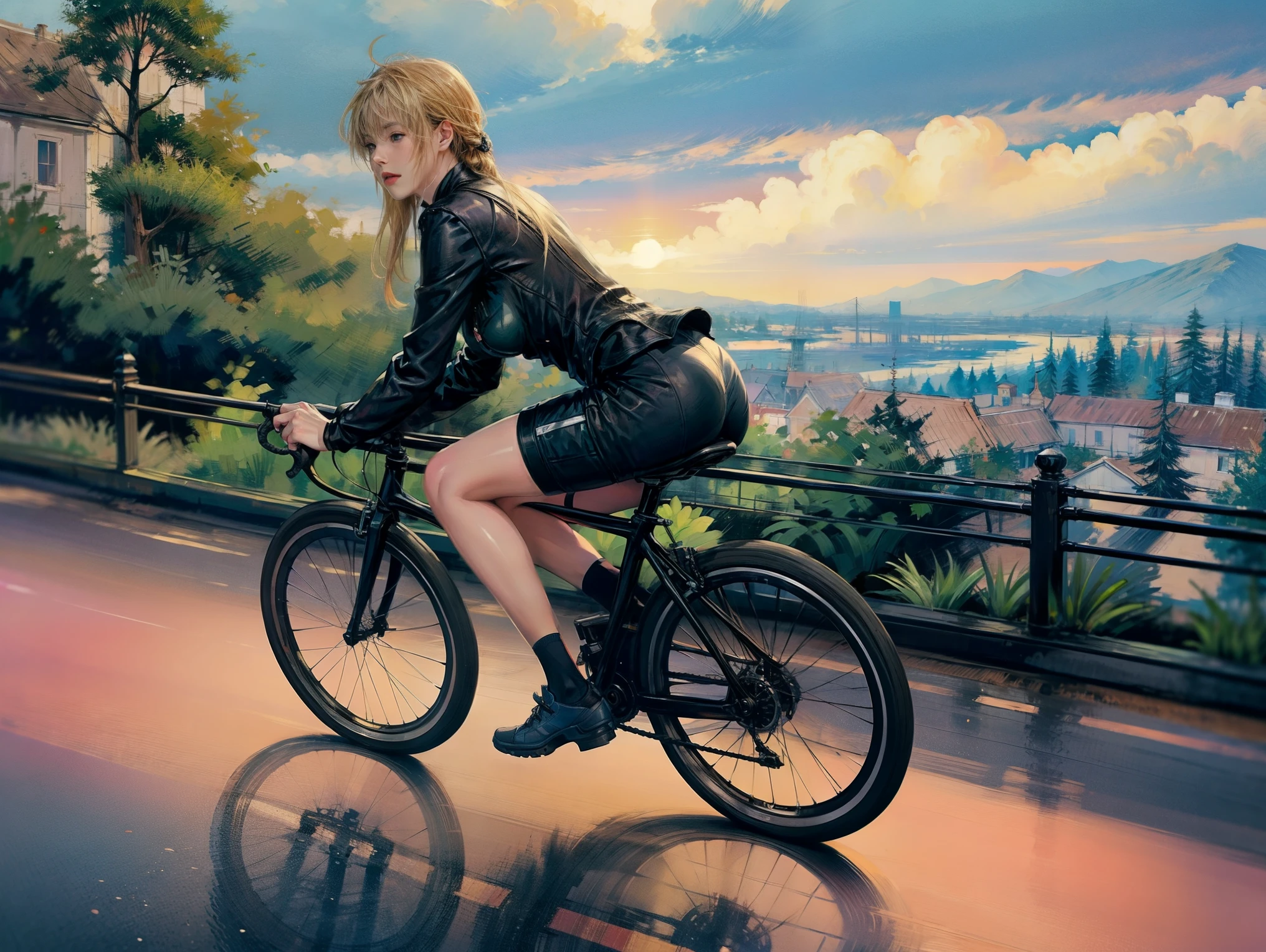 8K raw photos,hight resolution,(violet_evergarden:1.29),(pink theme:1.3),(full_body:1.3),best quality, professional bicycle race Scene, a female cyclist riding a bicycle through the french countryside, detailed lush green rolling hills, picturesque french village in the background, sunlight streaming through clouds, detailed texture on the bicycle and cyclist's uniform, vibrant colors, realistic lighting, photorealistic, 8k, best quality, high resolution