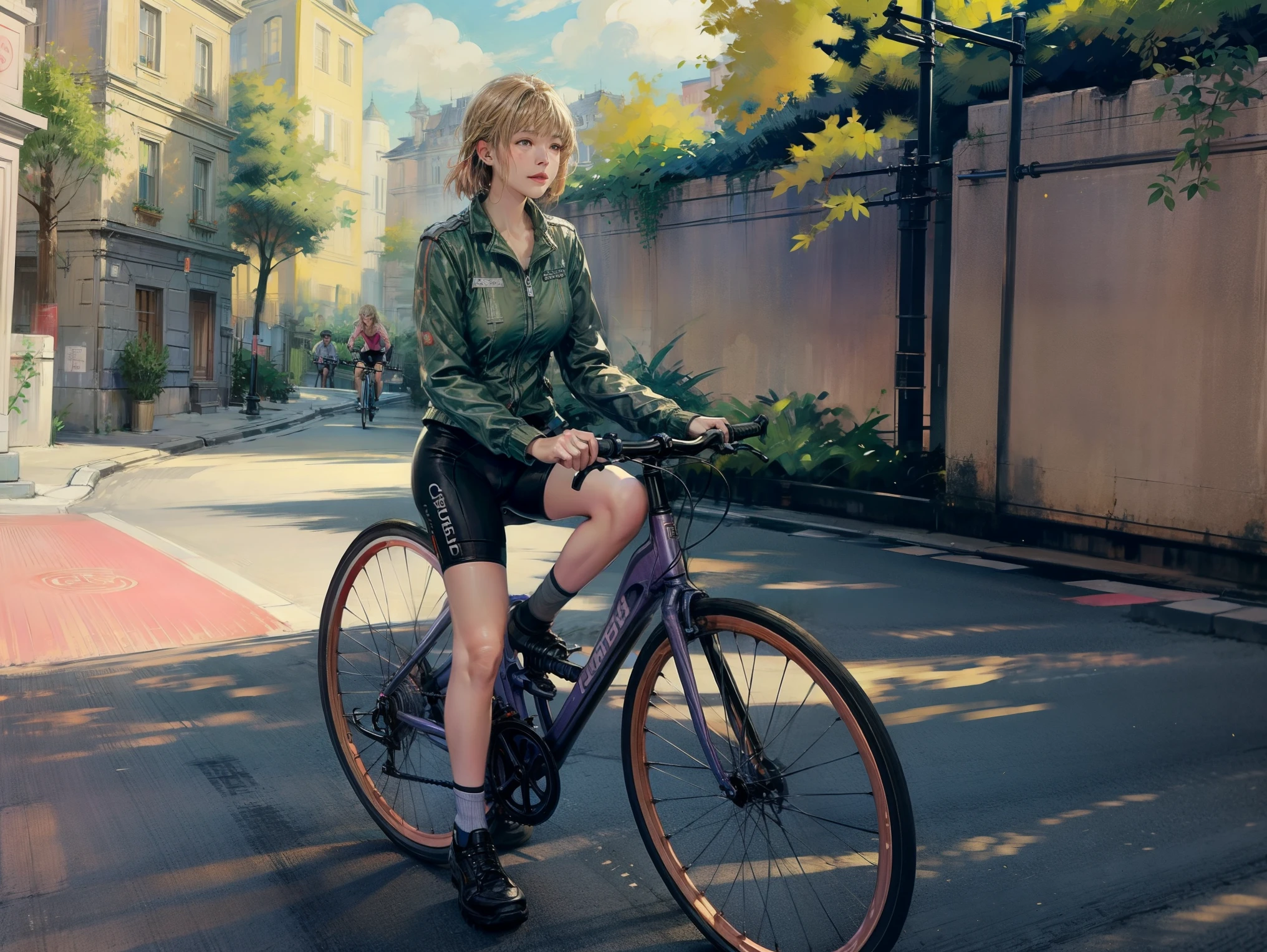 8K raw photos,hight resolution,(violet_evergarden:1.29),(pink theme:1.3),(full_body:1.3),best quality, professional bicycle race Scene, a female cyclist riding a bicycle through the french countryside, detailed lush green rolling hills, picturesque french village in the background, sunlight streaming through clouds, detailed texture on the bicycle and cyclist's uniform, vibrant colors, realistic lighting, photorealistic, 8k, best quality, high resolution