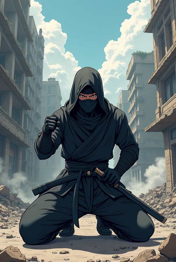 anime style ninja on his knees with his fist raised walking towards a destroyed city
