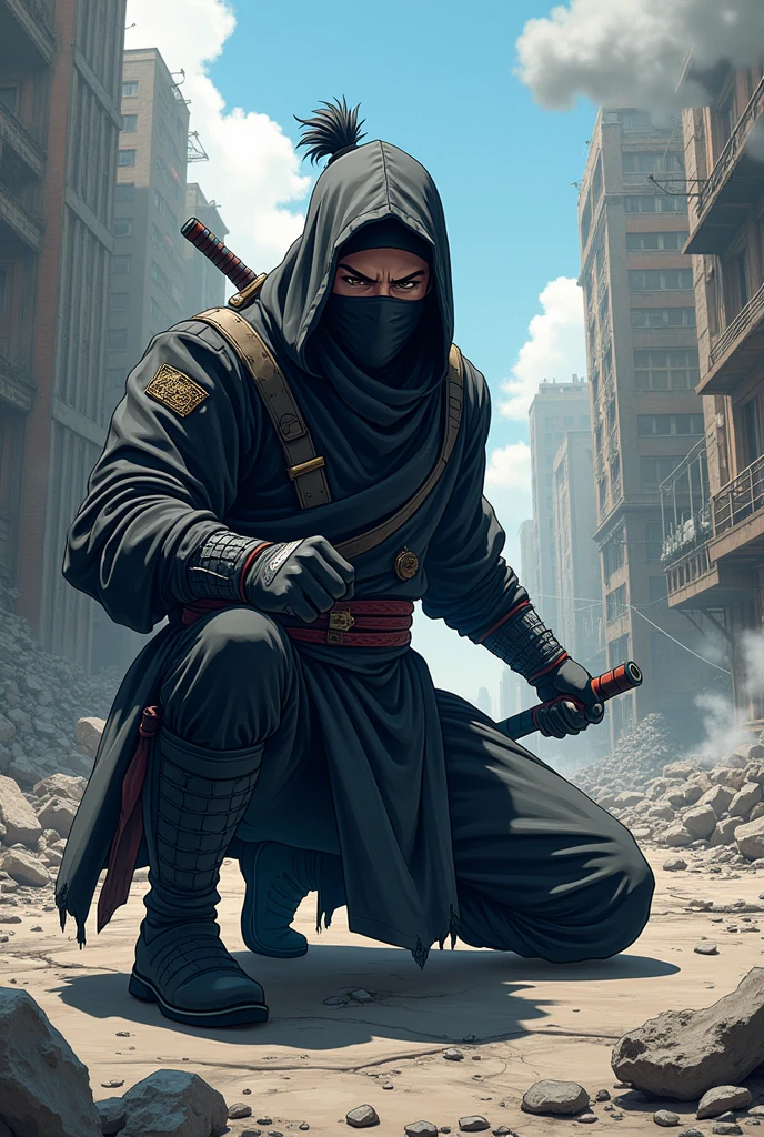 anime style ninja on his knees with his fist raised walking towards a destroyed city 