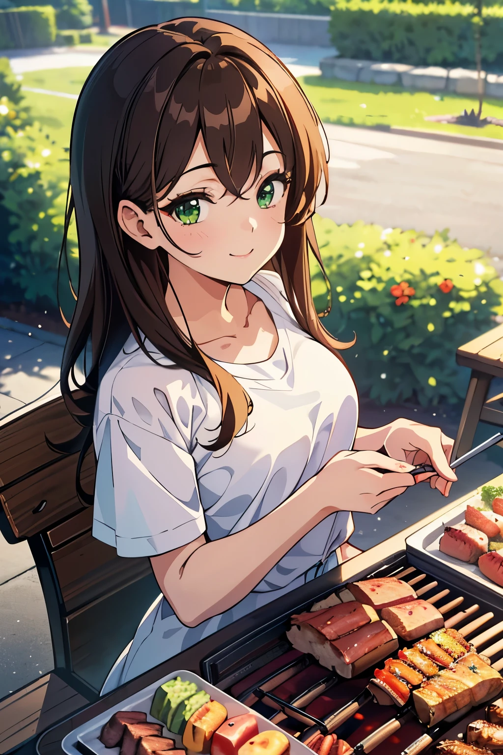 ((masterpiece, Highest quality, High resolution, 超High resolution, Pixel perfect, Written boundary depth, 4K, RTTX 10.0, High resolution))), 1 person, single, alone, Beautiful Anime, Beautiful art style, Anime characters, ((Shortcuts, bangs, Dark brown hair)), ((Green Eyes:1.4, Round eyes, Beautiful eyelashes, current eyes)), ((Smooth texture:0.75, Anime CG style)), ((Dynamic Angle, close)), Perfect body, (cute), Normal chest, whole body, ((4K, 8k, Highest quality, Perfect Fingers: 1.3, Perfect Anatomy: 1.3, Background Blur)), whole bodyアングル, Illustration of a person having a BBQ, Characters wearing casual summer clothes、Standing in front of an outdoor BBQ grill, She holds tongs in her hand、Smiling happily as he grills meat, In the background, there is a lush park and a river.、Picnic sheets and food are laid out