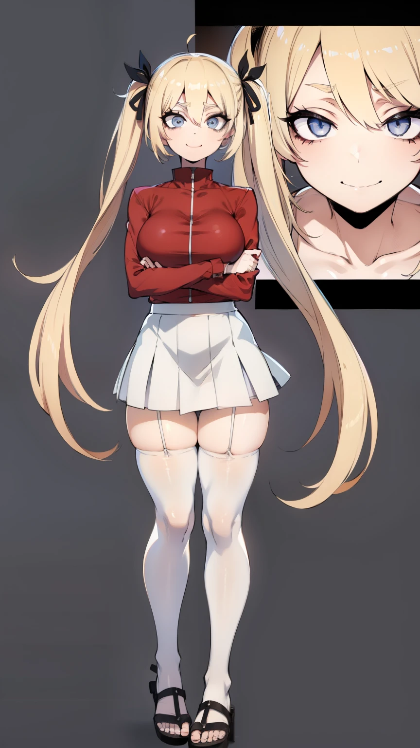(masterpiece), (best quality), (High quality), (perfect anatomy), BREAK, (perfect face), face_focus, BREAK, 1girl, BREAK, (long hair, blonde hair: 1.67), ((twin tails, black ribbons)), BREAK, (big eyes, perfect eyes, detailed eyes, expressive eyes, grey eyes: 1.8), (thick eyebrow), BREAK, ((smile, happy)), BREAK, (tall height), BREAK, (slim bulid), (well bulid), BREAK, (big breasts: 1.4), BREAK, (red jacket: 1.4, unzipped), (sports bra), BREAK, (white microskirt:1.5), ((white transparent stockings: 1.4)), BREAK, (sandals), BREAK, (standing), (arms crossed on chest), (tilted head), (view from front: 1.3), (full body: 1.5), BREAK, (park, nature), eyeliner, jk style,