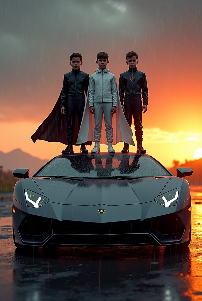 1 boy black custome 11 ,2 boy 15 white custome and 3 boys 13 black custome standing on Aventador svj car sunset and rain fall imand ultra realistic