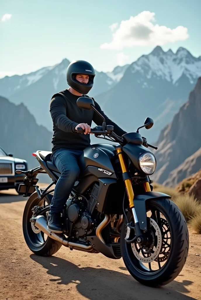 Man sitting on mt 09 in America wearing helmet and behind mt 09 one royse royal car