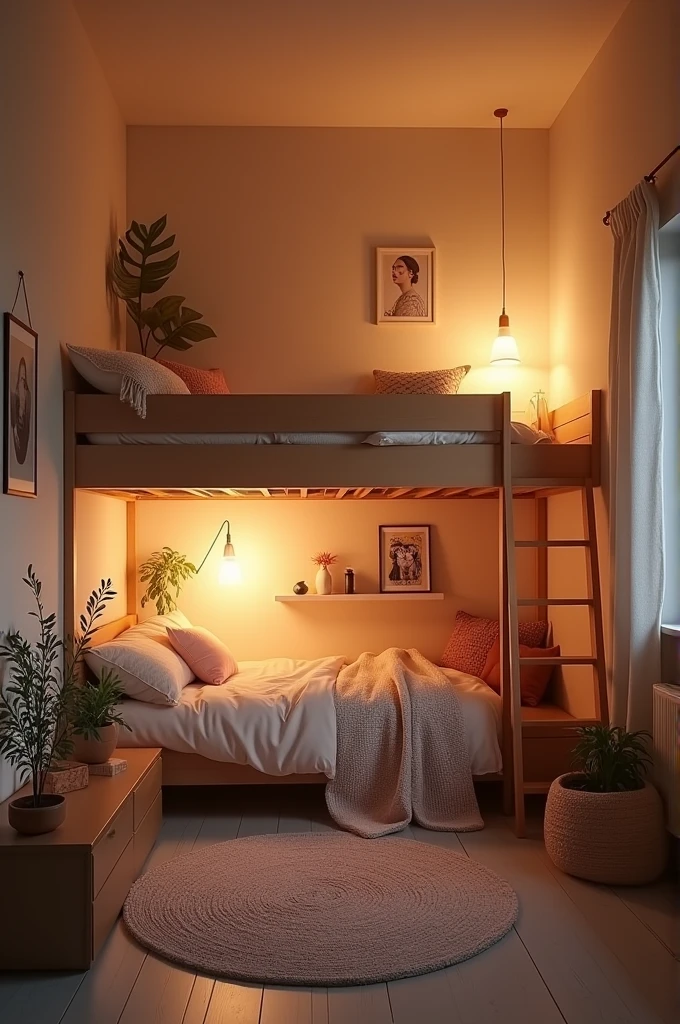 Cozy bedroom with a loft bed and ambient lighting and ambience