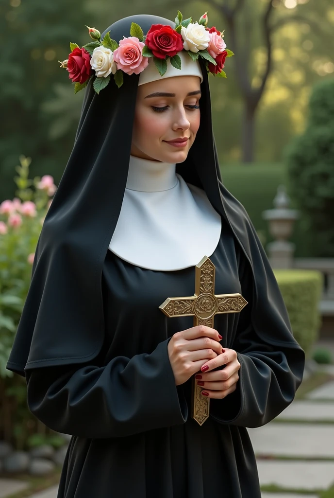 a woman dressed in nun's clothes, black and white outfit, on the head a crown of roses, holding a crucifix, serene and compassionate look, ultra realistic image, the color of roses are red white and pink, she is looking at the crucifix, ela está com um serene and compassionate look, walking on a stone floor, garden around you