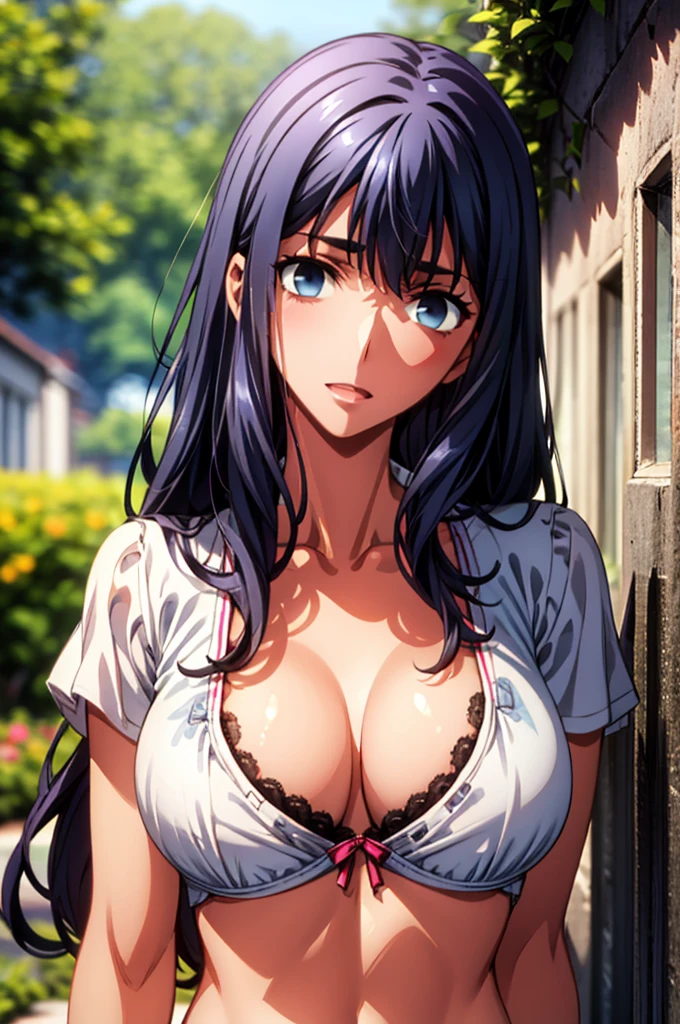 masterpiece,Highest quality,8k,Ultra-high resolution,Very detailed,People in the image,Appropriate blank,Perfect Five Fingers,Perfect human body,Perfect Eyes,((Cowboy Shot)),break,Bright expression,(1 person),(The most beautiful woman),Slim figure,((The most amazing big breasts)),Cleavage,Moisturized Skin,Fair skin,break,((Colorful hair)),Long Hair,Unshaven,break,Thin eyebrows,break,(Black eyes),break,((Bando Top Bra)),(Shorts),break,Embarrassing,Make eye contact with your audience,nsfw,garden