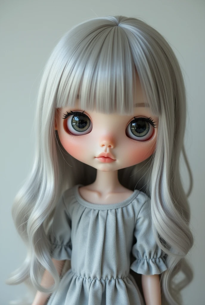 blythe doll, smiling , with white pale fair skin, no blush, black eyes, long grey hair and light grey clothes