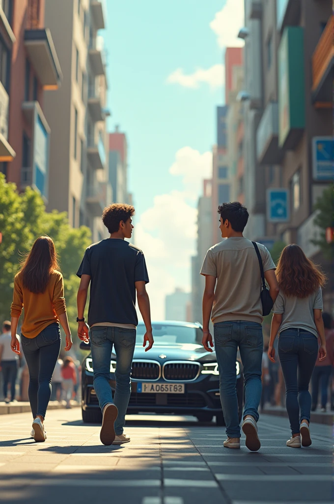 4 young people walked , while a car stops in front of him