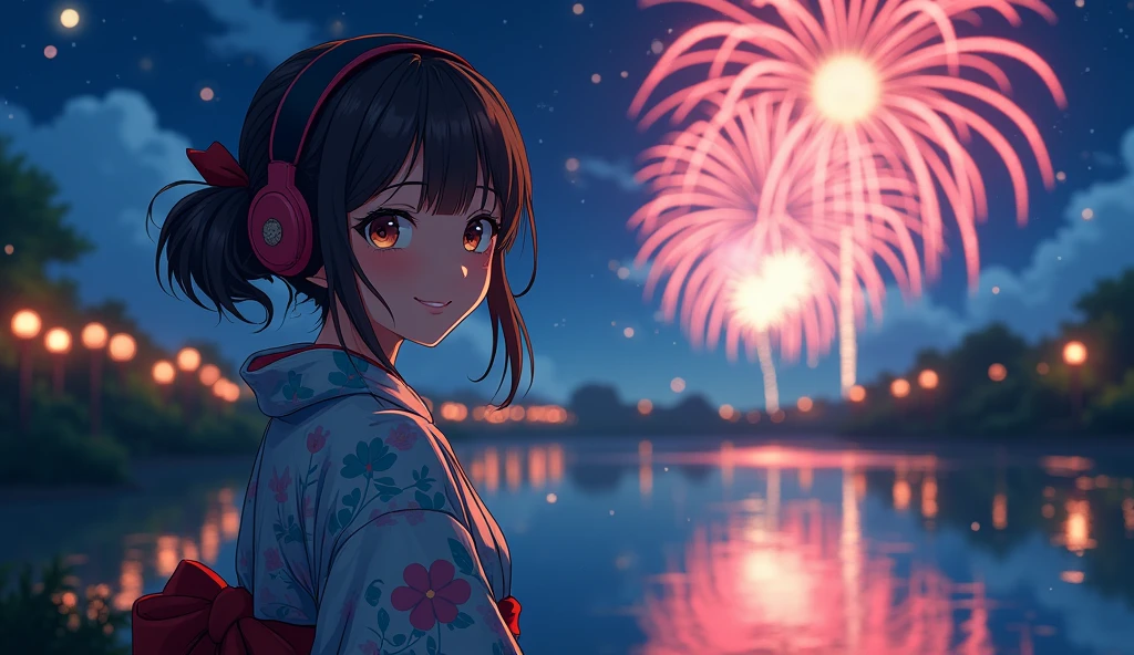 Perfect image, night、Calm atmosphere、Riverbank、Fireworks in the back、Female college student、yukata、Use headphones、excited、looks fun、Looking this way and smiling、2D-style animation, Lo-Fi、Retro、Anime style illustrations、Line art with clear outlines