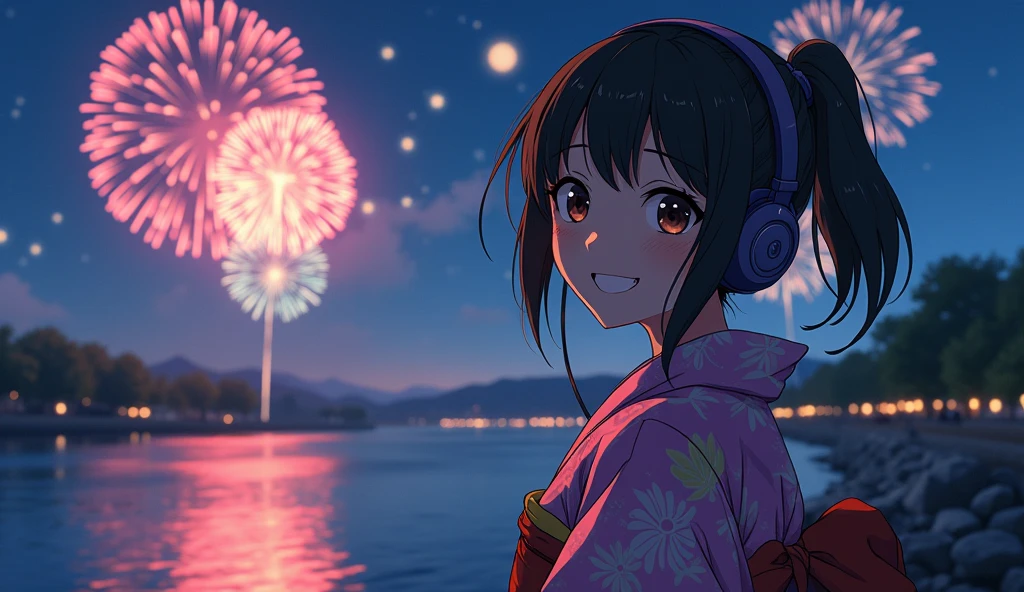 Perfect image, night、Calm atmosphere、Riverbank、Fireworks in the back、Female college student、yukata、Use headphones、excited、looks fun、Looking this way and smiling、2D-style animation, Lo-Fi、Retro、Anime style illustrations、Line art with clear outlines