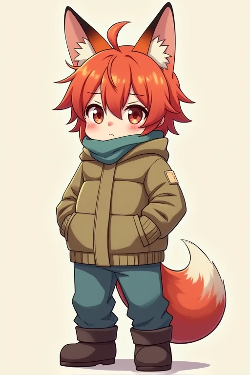 Redhead with fox ears、A bandaid on his embarrassed nose, a bulging crotch in his winter trousers　Anime Style