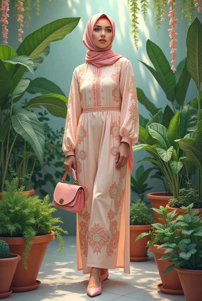 Please make me a picture showing a woman in hijab in front of various potted plants. The person wears pastel clothes with decorations and carries a matching handbag. The person also wears pointed-toed shoes that match the outfit. Behind the person, there is a collection of greenery of various sizes and shapes, creating a lush backdrop.